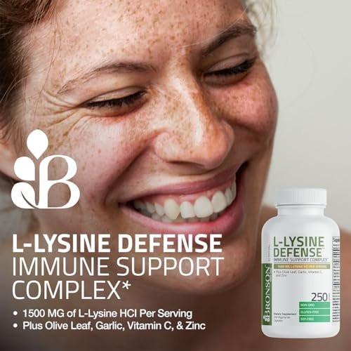 Bronson L-Lysin Abwehr-Immunkomplex 1500 mg mit Olivenblatt, Knoblauch, Vitamin C und Zink - Non-GMO, 90 vegane Kapseln