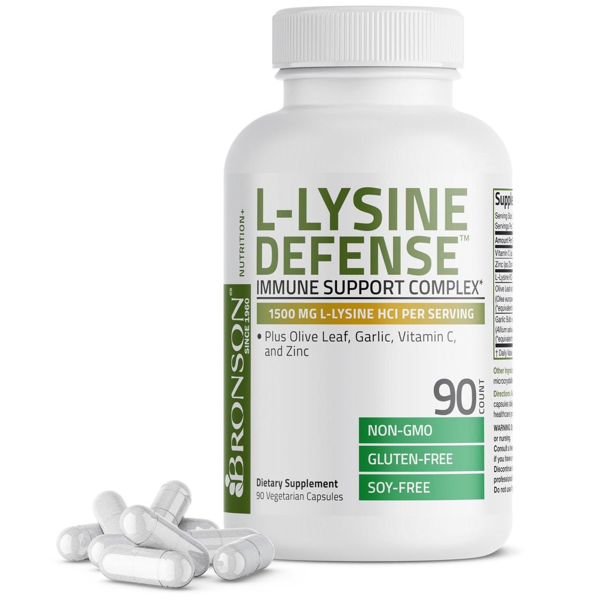 Bronson L-Lysin Abwehr-Immunkomplex 1500 mg mit Olivenblatt, Knoblauch, Vitamin C und Zink - Non-GMO, 90 vegane Kapseln