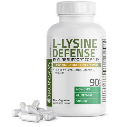 Bronson L-Lysin Abwehr-Immunkomplex 1500 mg mit Olivenblatt, Knoblauch, Vitamin C und Zink - Non-GMO, 90 vegane Kapseln