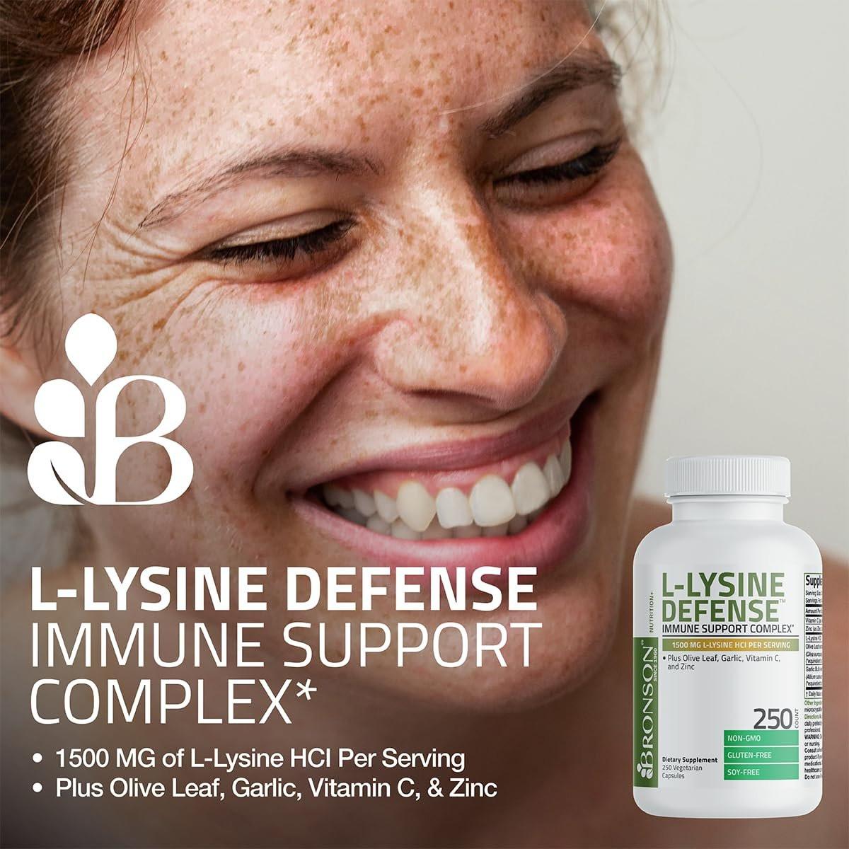 Bronson L-Lysin Abwehr-Immunkomplex 1500 mg mit Olivenblatt, Knoblauch, Vitamin C und Zink - Non-GMO, 90 vegane Kapseln