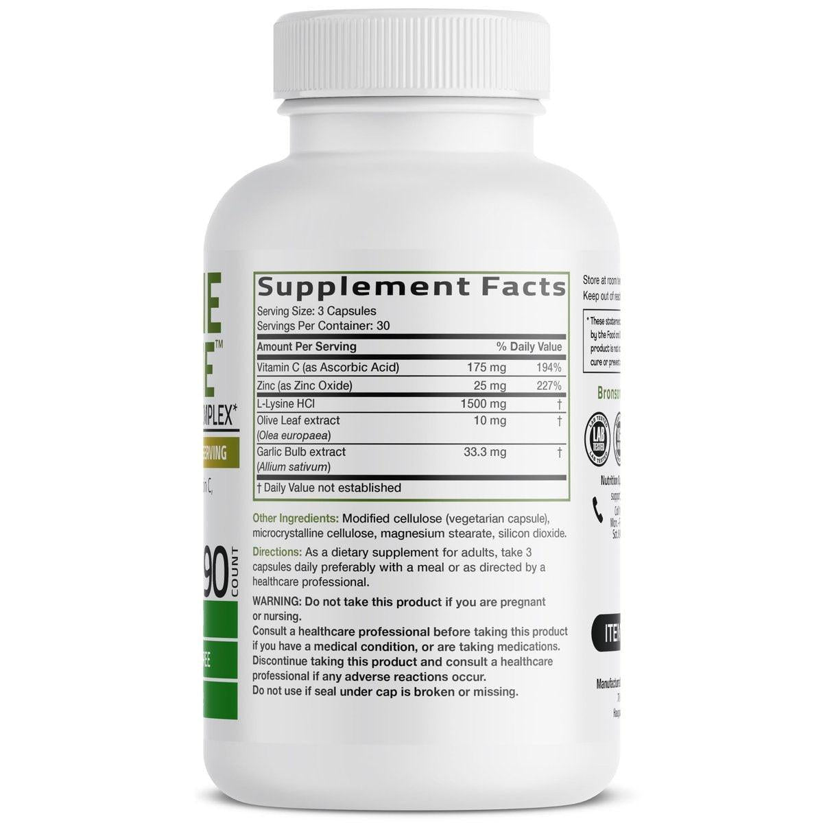 Bronson L-Lysin Abwehr-Immunkomplex 1500 mg mit Olivenblatt, Knoblauch, Vitamin C und Zink - Non-GMO, 90 vegane Kapseln