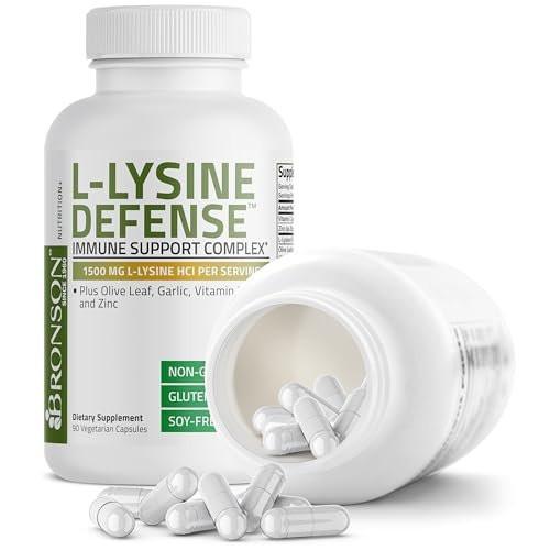 Bronson L-Lysin Abwehr-Immunkomplex 1500 mg mit Olivenblatt, Knoblauch, Vitamin C und Zink - Non-GMO, 90 vegane Kapseln