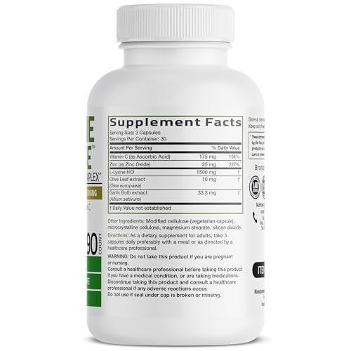 Bronson L-Lysin Abwehr-Immunkomplex 1500 mg mit Olivenblatt, Knoblauch, Vitamin C und Zink - Non-GMO, 90 vegane Kapseln