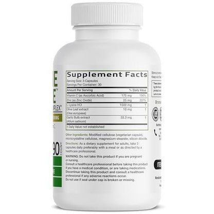 Bronson L-Lysin Abwehr-Immunkomplex 1500 mg mit Olivenblatt, Knoblauch, Vitamin C und Zink - Non-GMO, 90 vegane Kapseln