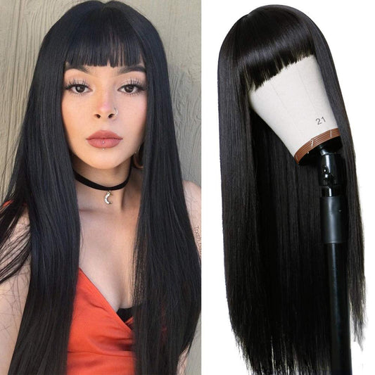TIMANZO Lange gerade Remy Haarperücke mit Pony – Hitzebeständige Faserperücke für Damen, Natur Schwarz 24 Zoll