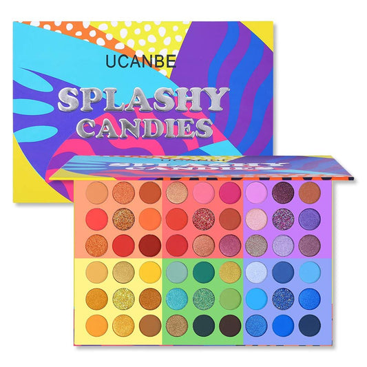 UCANBE 54 Farben Splashy Candies Lidschattenpalette – Hochpigmentierte matte, schimmernde & cremige Glitzer-Regenbogen-Farben, wasserfest, langanhaltend