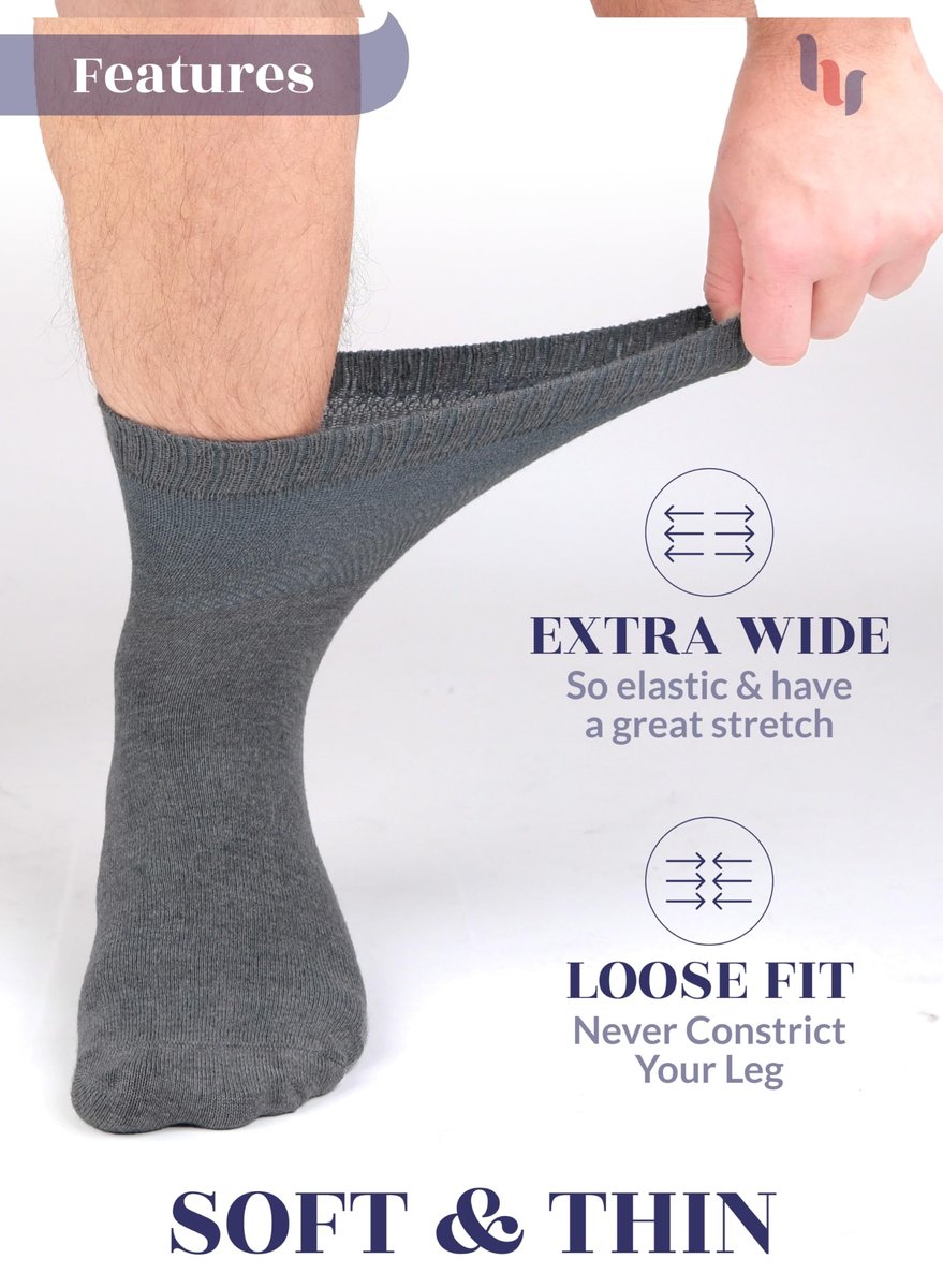 Hugh Ugoli Diabetikersocken für Herren, lockerer Knöchelsocken aus Rayon, extra weit, dünn, nahtlose Zehenpartie und nicht einschnürendes Bündchen, 4 Paar, Melange Grau, Schuhgröße: 11-13