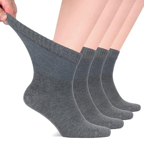 Hugh Ugoli Diabetikersocken für Herren, lockerer Knöchelsocken aus Rayon, extra weit, dünn, nahtlose Zehenpartie und nicht einschnürendes Bündchen, 4 Paar, Melange Grau, Schuhgröße: 11-13