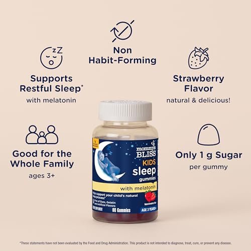 Mommy's Bliss Kids Schlaf Melatonin Gummibärchen – ohne künstliche Farbstoffe, Aromen oder Gelatine – Erdbeergeschmack – für Kinder ab 3 Jahren – 60 Stück