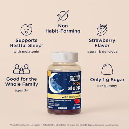 Mommy's Bliss Kids Schlaf Melatonin Gummibärchen – ohne künstliche Farbstoffe, Aromen oder Gelatine – Erdbeergeschmack – für Kinder ab 3 Jahren – 60 Stück