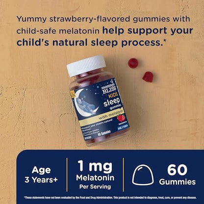 Mommy's Bliss Kids Schlaf Melatonin Gummibärchen – ohne künstliche Farbstoffe, Aromen oder Gelatine – Erdbeergeschmack – für Kinder ab 3 Jahren – 60 Stück
