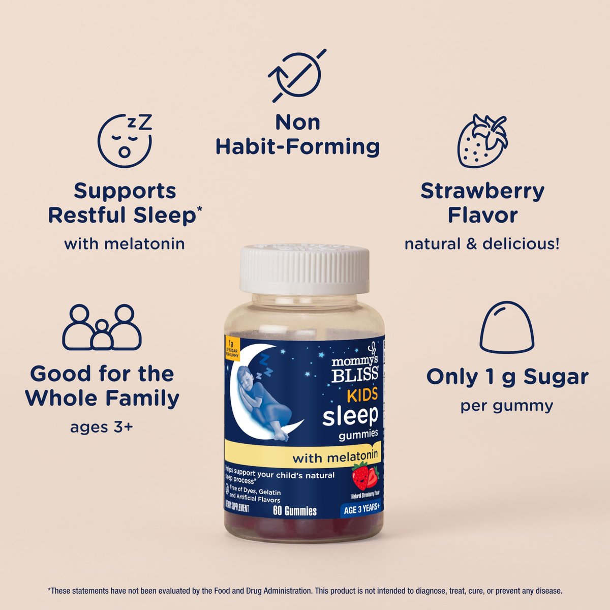 Mommy's Bliss Kids Schlaf Melatonin Gummibärchen – ohne künstliche Farbstoffe, Aromen oder Gelatine – Erdbeergeschmack – für Kinder ab 3 Jahren – 60 Stück