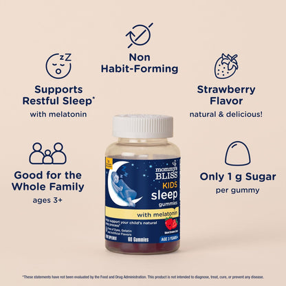 Mommy's Bliss Kids Schlaf Melatonin Gummibärchen – ohne künstliche Farbstoffe, Aromen oder Gelatine – Erdbeergeschmack – für Kinder ab 3 Jahren – 60 Stück