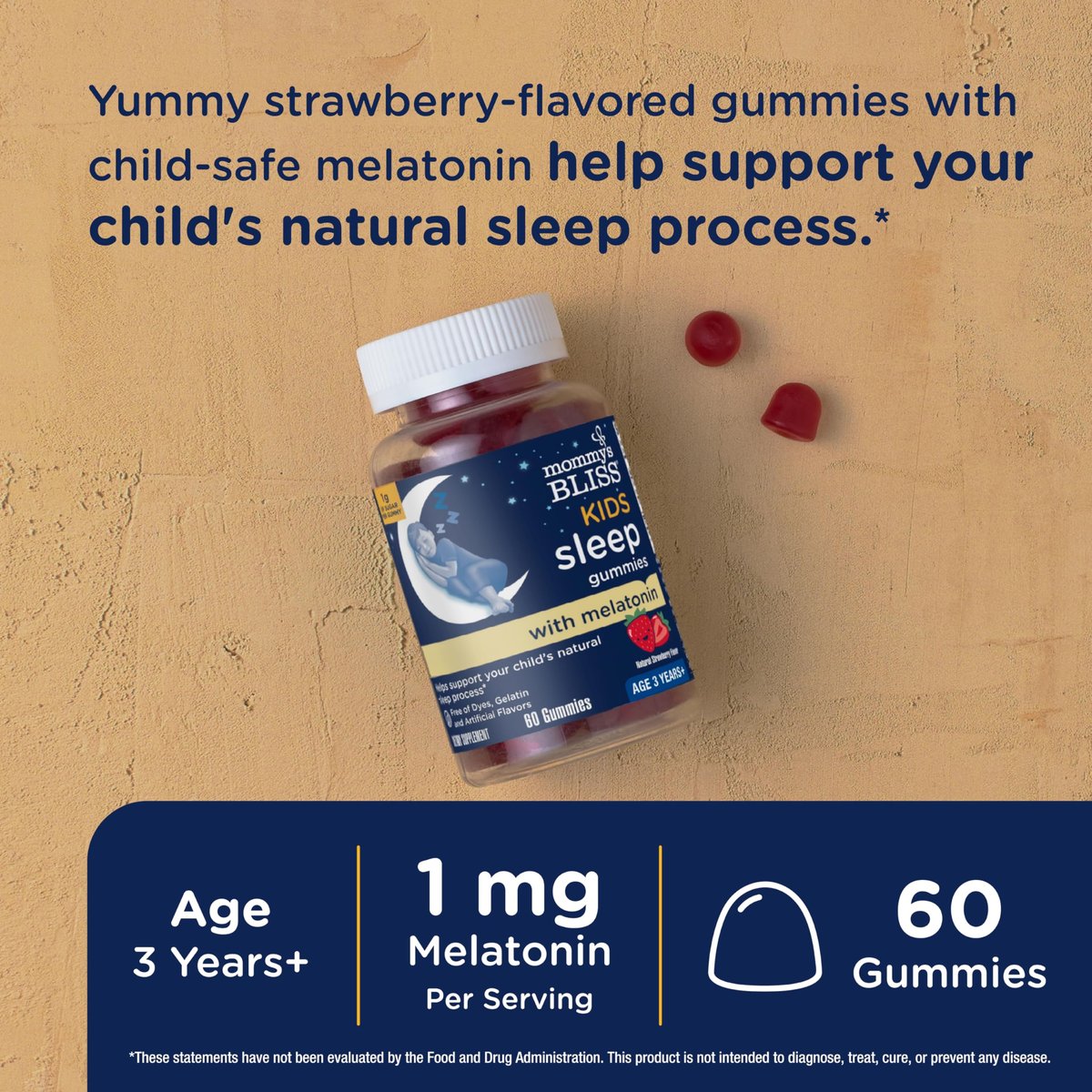 Mommy's Bliss Kids Schlaf Melatonin Gummibärchen – ohne künstliche Farbstoffe, Aromen oder Gelatine – Erdbeergeschmack – für Kinder ab 3 Jahren – 60 Stück