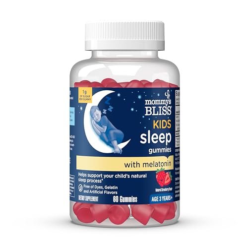 Mommy's Bliss Kids Schlaf Melatonin Gummibärchen – ohne künstliche Farbstoffe, Aromen oder Gelatine – Erdbeergeschmack – für Kinder ab 3 Jahren – 60 Stück