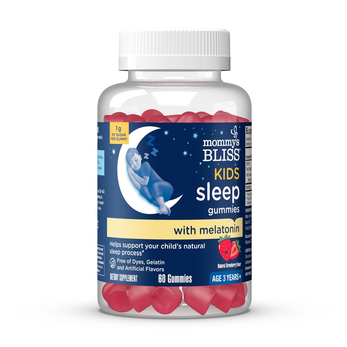 Mommy's Bliss Kids Schlaf Melatonin Gummibärchen – ohne künstliche Farbstoffe, Aromen oder Gelatine – Erdbeergeschmack – für Kinder ab 3 Jahren – 60 Stück