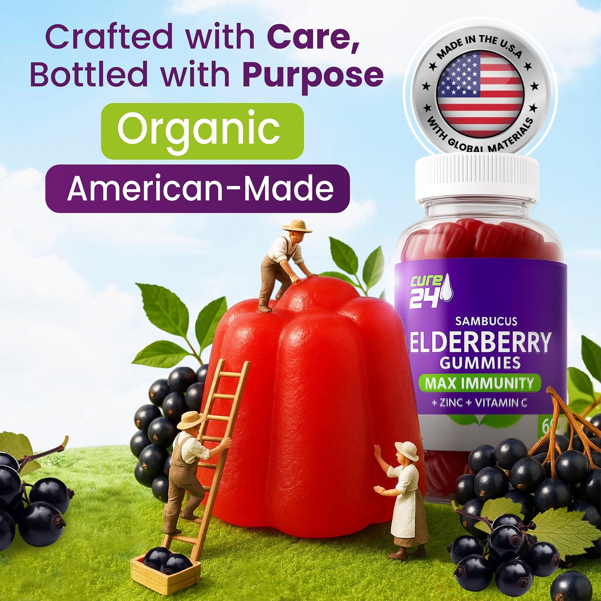 Cure24 Sambucus Holunderbeeren Gummibärchen + Vitamin C + Zink für Kinder & Erwachsene, 3-fach Immununterstützung, natürliche Aromen & Zutaten, vegan, nicht-GVO, hergestellt in den USA (60 Stück)