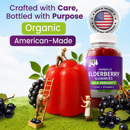 Cure24 Sambucus Holunderbeeren Gummibärchen + Vitamin C + Zink für Kinder & Erwachsene, 3-fach Immununterstützung, natürliche Aromen & Zutaten, vegan, nicht-GVO, hergestellt in den USA (60 Stück)