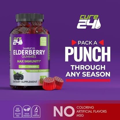 Cure24 Sambucus Holunderbeeren Gummibärchen + Vitamin C + Zink für Kinder & Erwachsene, 3-fach Immununterstützung, natürliche Aromen & Zutaten, vegan, nicht-GVO, hergestellt in den USA (60 Stück)