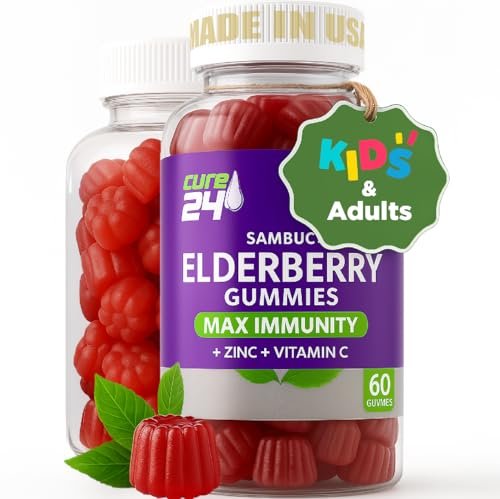 Cure24 Sambucus Holunderbeeren Gummibärchen + Vitamin C + Zink für Kinder & Erwachsene, 3-fach Immununterstützung, natürliche Aromen & Zutaten, vegan, nicht-GVO, hergestellt in den USA (60 Stück)
