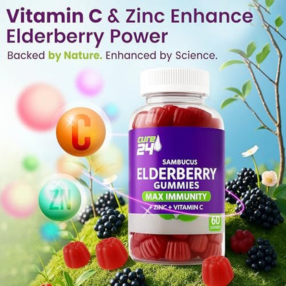 Cure24 Sambucus Holunderbeeren Gummibärchen + Vitamin C + Zink für Kinder & Erwachsene, 3-fach Immununterstützung, natürliche Aromen & Zutaten, vegan, nicht-GVO, hergestellt in den USA (60 Stück)