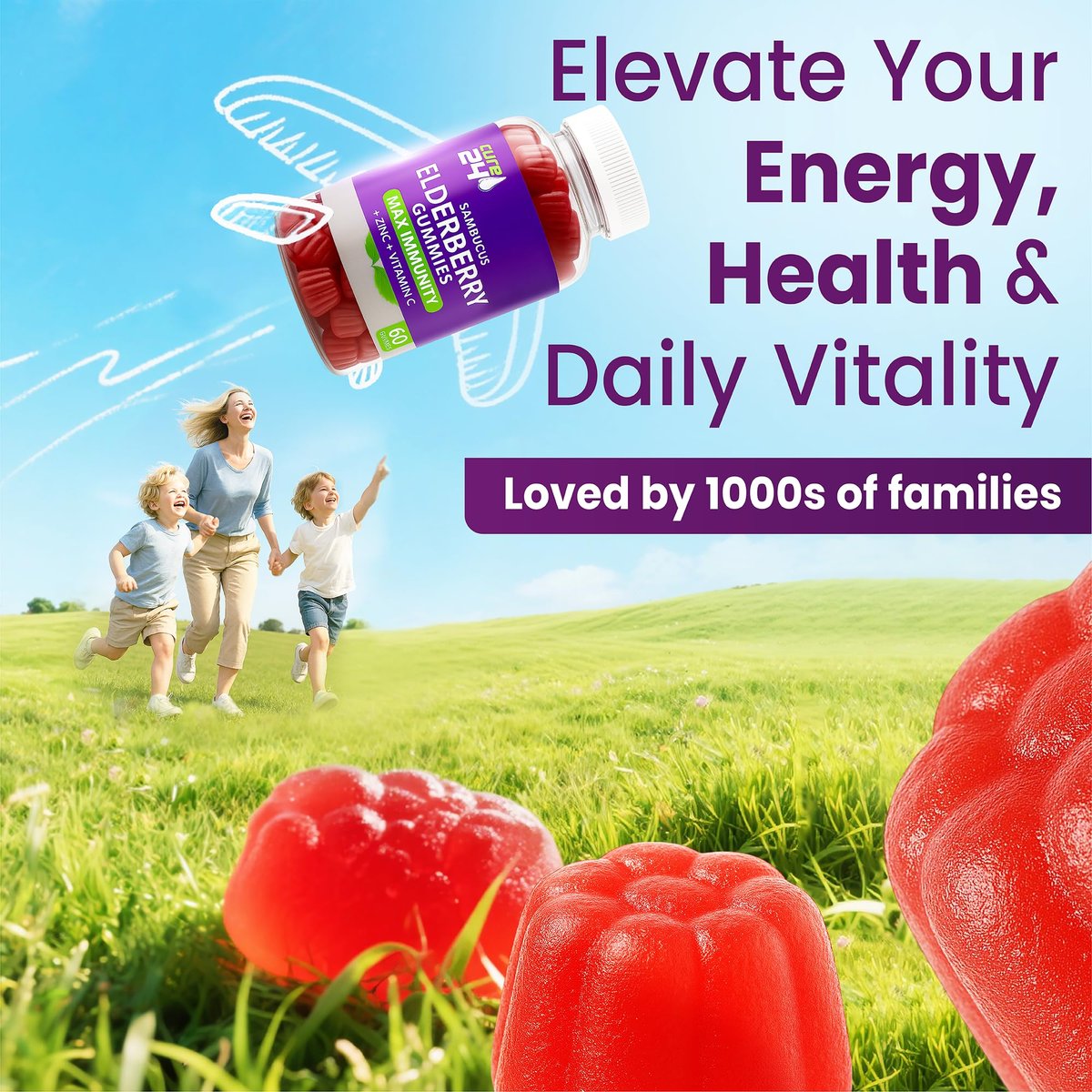 Cure24 Sambucus Holunderbeeren Gummibärchen + Vitamin C + Zink für Kinder & Erwachsene, 3-fach Immununterstützung, natürliche Aromen & Zutaten, vegan, nicht-GVO, hergestellt in den USA (60 Stück)