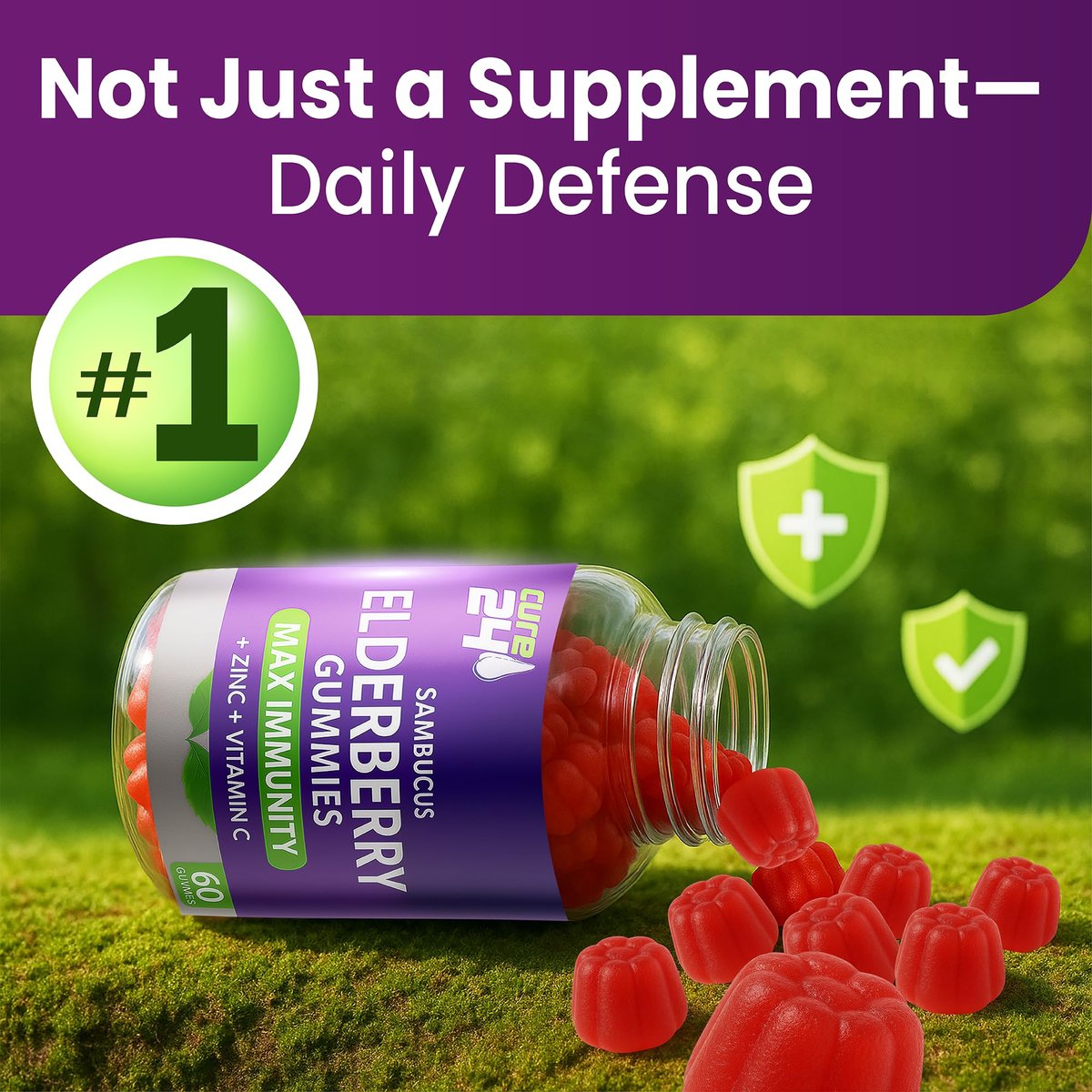Cure24 Sambucus Holunderbeeren Gummibärchen + Vitamin C + Zink für Kinder & Erwachsene, 3-fach Immununterstützung, natürliche Aromen & Zutaten, vegan, nicht-GVO, hergestellt in den USA (60 Stück)