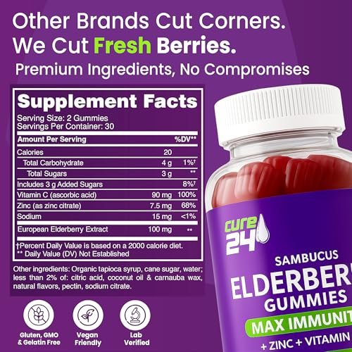 Cure24 Sambucus Holunderbeeren Gummibärchen + Vitamin C + Zink für Kinder & Erwachsene, 3-fach Immununterstützung, natürliche Aromen & Zutaten, vegan, nicht-GVO, hergestellt in den USA (60 Stück)