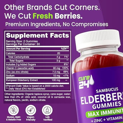 Cure24 Sambucus Holunderbeeren Gummibärchen + Vitamin C + Zink für Kinder & Erwachsene, 3-fach Immununterstützung, natürliche Aromen & Zutaten, vegan, nicht-GVO, hergestellt in den USA (60 Stück)