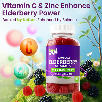 Cure24 Sambucus Holunderbeeren Gummibärchen + Vitamin C + Zink für Kinder & Erwachsene, 3-fach Immununterstützung, natürliche Aromen & Zutaten, vegan, nicht-GVO, hergestellt in den USA (60 Stück)