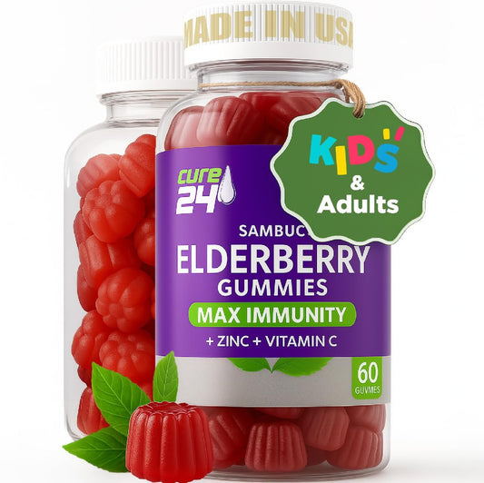 Cure24 Sambucus Holunderbeeren Gummibärchen + Vitamin C + Zink für Kinder & Erwachsene, 3-fach Immununterstützung, natürliche Aromen & Zutaten, vegan, nicht-GVO, hergestellt in den USA (60 Stück)