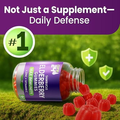 Cure24 Sambucus Holunderbeeren Gummibärchen + Vitamin C + Zink für Kinder & Erwachsene, 3-fach Immununterstützung, natürliche Aromen & Zutaten, vegan, nicht-GVO, hergestellt in den USA (60 Stück)