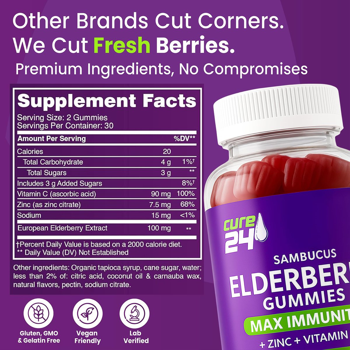 Cure24 Sambucus Holunderbeeren Gummibärchen + Vitamin C + Zink für Kinder & Erwachsene, 3-fach Immununterstützung, natürliche Aromen & Zutaten, vegan, nicht-GVO, hergestellt in den USA (60 Stück)