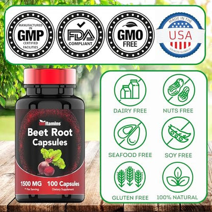Rote Bete Kapseln 1500 mg - 100 Kapseln | Rote Bete Pulver Extrakt | Nicht-GVO & Glutenfrei | Hergestellt in den USA | TNVitamins