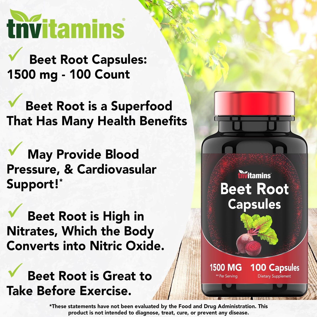 Rote Bete Kapseln 1500 mg - 100 Kapseln | Rote Bete Pulver Extrakt | Nicht-GVO & Glutenfrei | Hergestellt in den USA | TNVitamins