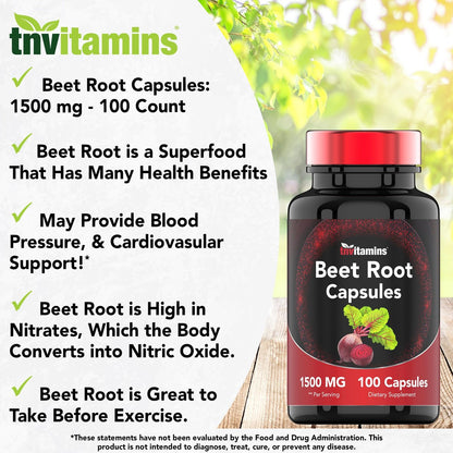 Rote Bete Kapseln 1500 mg - 100 Kapseln | Rote Bete Pulver Extrakt | Nicht-GVO & Glutenfrei | Hergestellt in den USA | TNVitamins