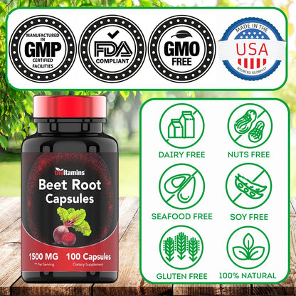 Rote Bete Kapseln 1500 mg - 100 Kapseln | Rote Bete Pulver Extrakt | Nicht-GVO & Glutenfrei | Hergestellt in den USA | TNVitamins