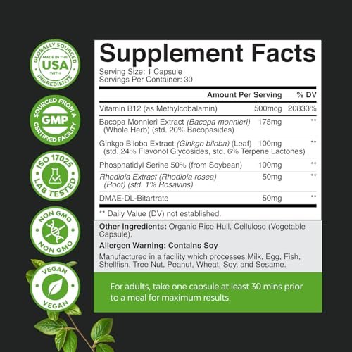 Nootropikum Gedächtnisergänzung für Gehirnunterstützung - Gedächtnispillen für Gehirnboost und natürlichen Energie-Booster - Vitamin B12 Bacopa Monnieri Rhodiola Rosea DMAE Ginkgo Biloba Phosphatidylserin - 60 Kapseln