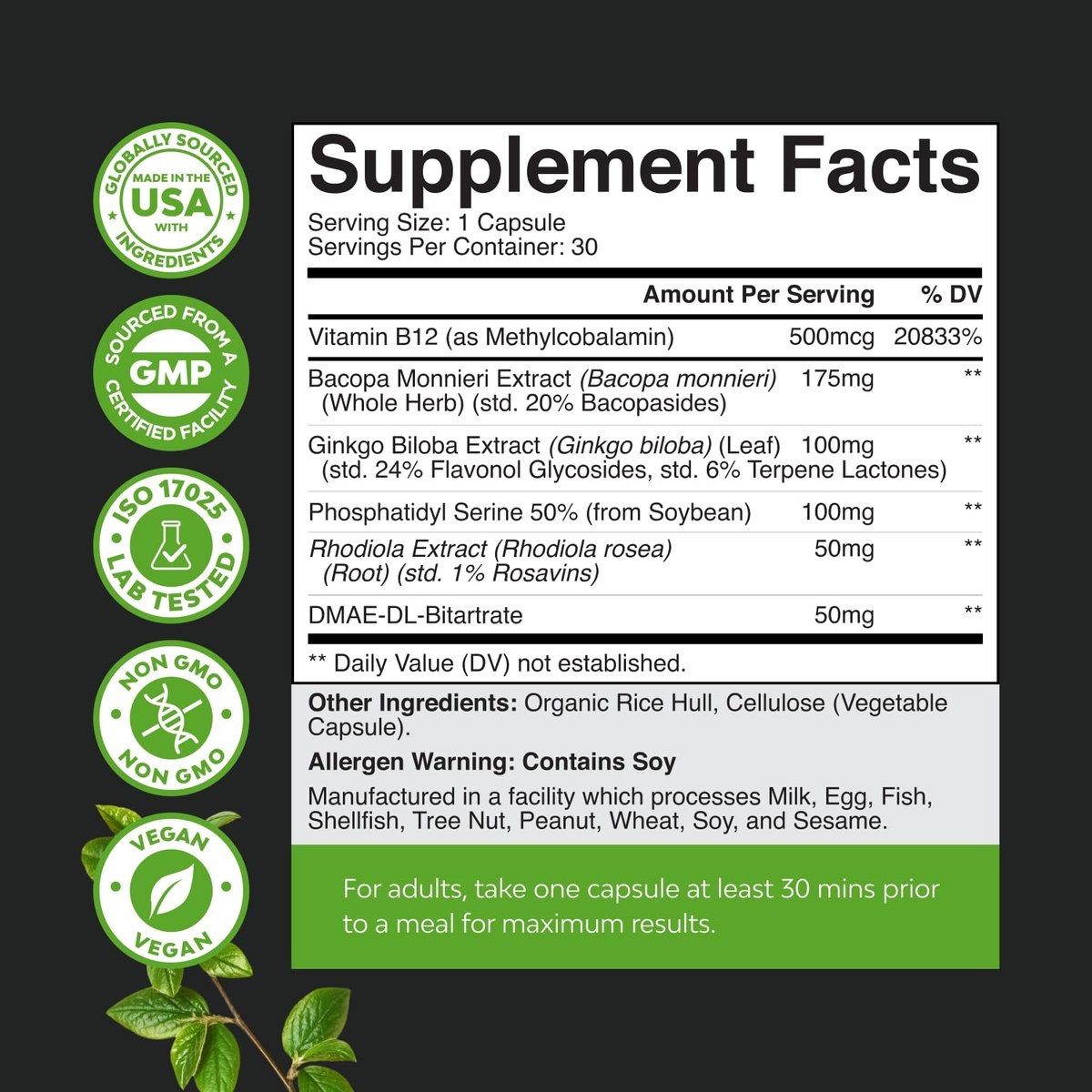 Nootropikum Gedächtnisergänzung für Gehirnunterstützung - Gedächtnispillen für Gehirnboost und natürlichen Energie-Booster - Vitamin B12 Bacopa Monnieri Rhodiola Rosea DMAE Ginkgo Biloba Phosphatidylserin - 60 Kapseln