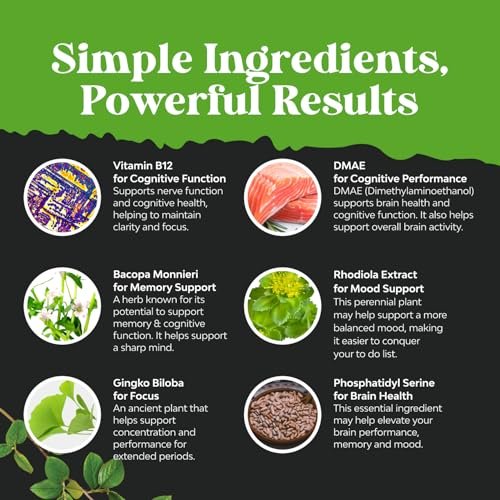 Nootropikum Gedächtnisergänzung für Gehirnunterstützung - Gedächtnispillen für Gehirnboost und natürlichen Energie-Booster - Vitamin B12 Bacopa Monnieri Rhodiola Rosea DMAE Ginkgo Biloba Phosphatidylserin - 60 Kapseln