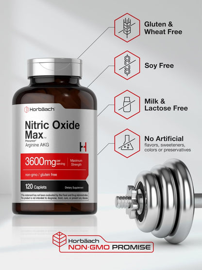 Horbäach Stickstoffmonoxid Max 3600 mg | 120 Kapseln | mit Arginin AAKG für Männer und Frauen | Vegetarisches, Nicht-GVO & Glutenfreies Pre-Workout-Supplement