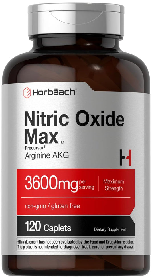Horbäach Stickstoffmonoxid Max 3600 mg | 120 Kapseln | mit Arginin AAKG für Männer und Frauen | Vegetarisches, Nicht-GVO & Glutenfreies Pre-Workout-Supplement