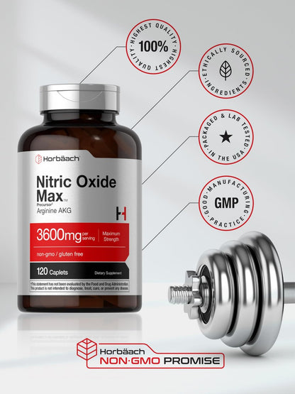 Horbäach Stickstoffmonoxid Max 3600 mg | 120 Kapseln | mit Arginin AAKG für Männer und Frauen | Vegetarisches, Nicht-GVO & Glutenfreies Pre-Workout-Supplement