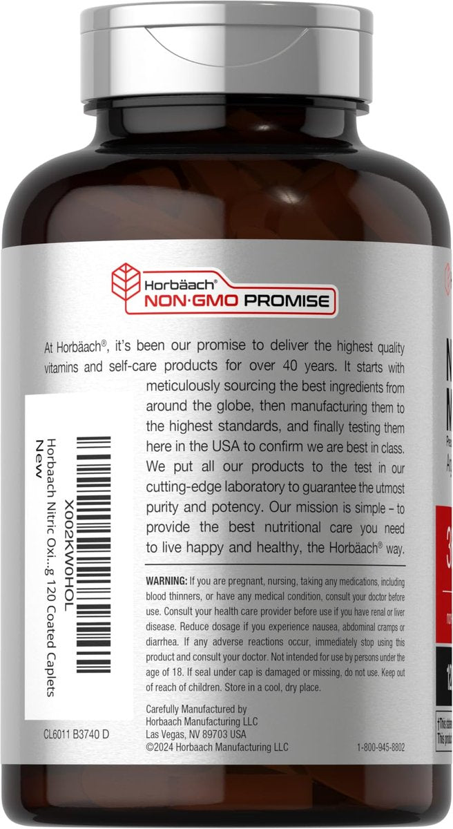 Horbäach Stickstoffmonoxid Max 3600 mg | 120 Kapseln | mit Arginin AAKG für Männer und Frauen | Vegetarisches, Nicht-GVO & Glutenfreies Pre-Workout-Supplement
