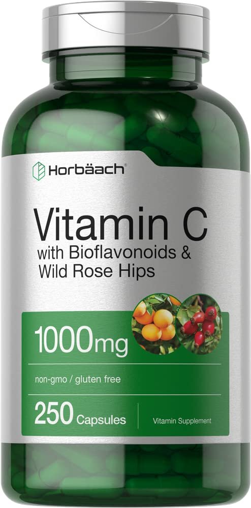 Horbäach Vitamin C 1000mg | 250 Kapseln | mit Bioflavonoiden und Hagebutte | Non-GMO, glutenfrei | Hochdosierte Nahrungsergänzung