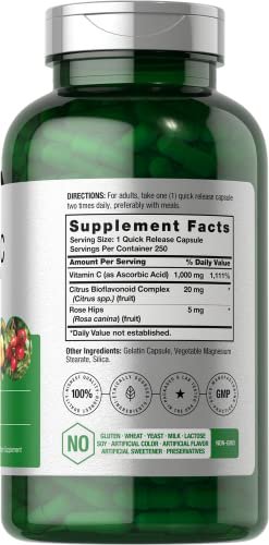 Horbäach Vitamin C 1000mg | 250 Kapseln | mit Bioflavonoiden und Hagebutte | Non-GMO, glutenfrei | Hochdosierte Nahrungsergänzung