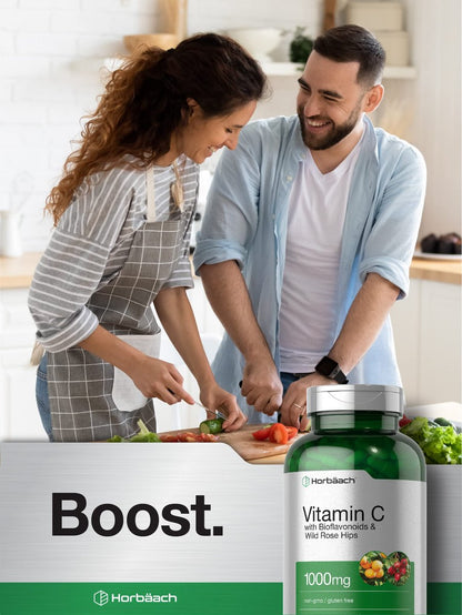 Horbäach Vitamin C 1000mg | 250 Kapseln | mit Bioflavonoiden und Hagebutte | Non-GMO, glutenfrei | Hochdosierte Nahrungsergänzung