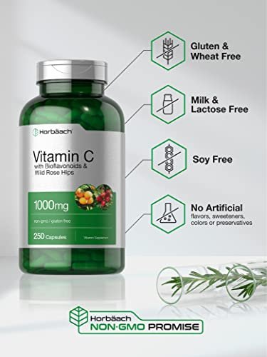 Horbäach Vitamin C 1000mg | 250 Kapseln | mit Bioflavonoiden und Hagebutte | Non-GMO, glutenfrei | Hochdosierte Nahrungsergänzung