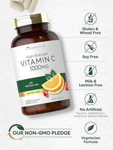 Carlyle Vitamin C 1000 mg – 300 Vegetarische Kapseln mit Hagebutte – Hochdosiert, Non-GMO & Glutenfrei