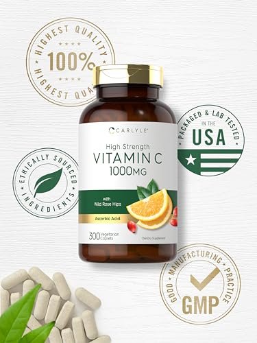 Carlyle Vitamin C 1000 mg – 300 Vegetarische Kapseln mit Hagebutte – Hochdosiert, Non-GMO & Glutenfrei